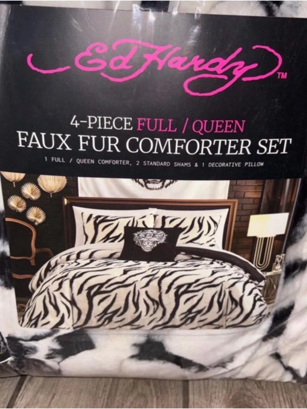 Ed Hardy Black and White Zebra Faux Fur Comforter Set - Full/Queen